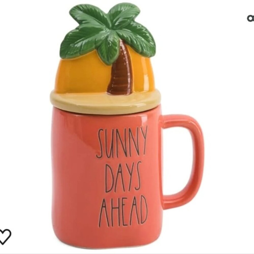 ✨🆕✨RAE DUNN "Sunny Days Ahead" Mug Palm Tree Topper Lid 9" High
